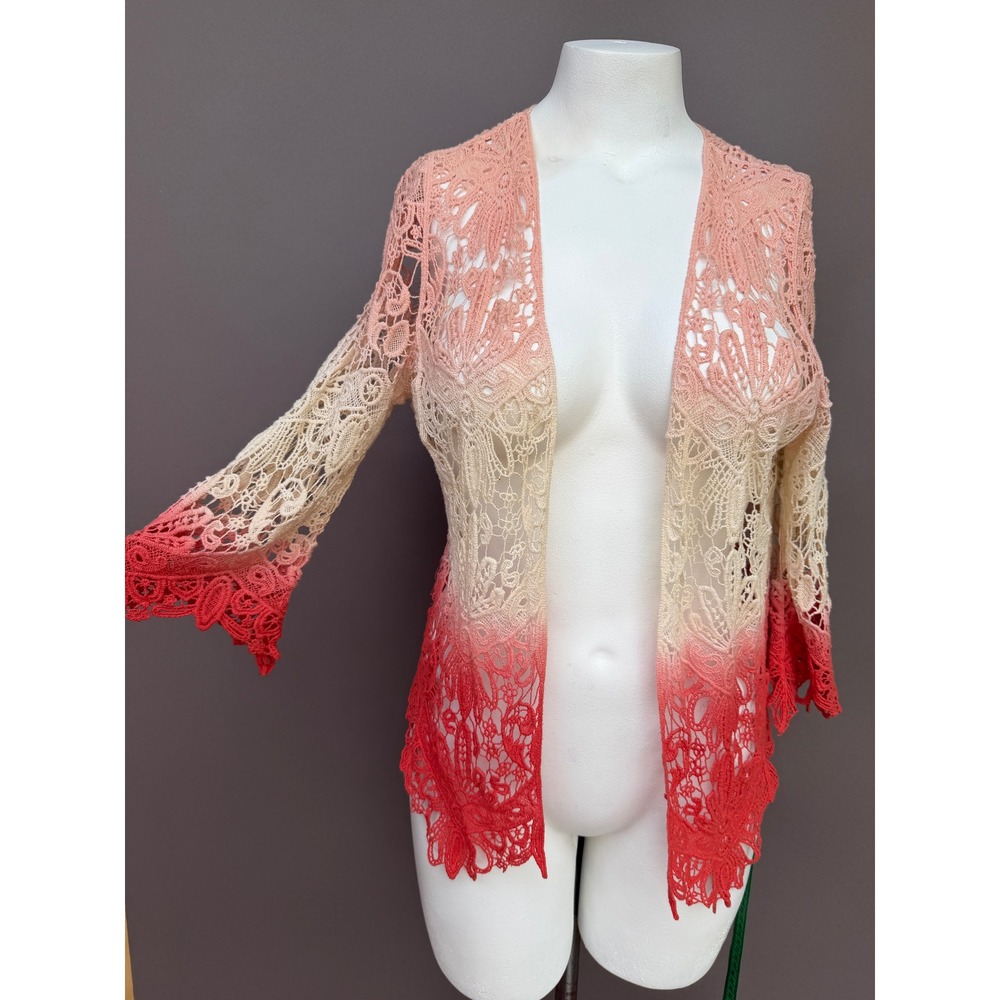 jillian Nicole L Coral Peach Ivory Ombre Crochet Cardigan Lace Boho Bell Sleeve